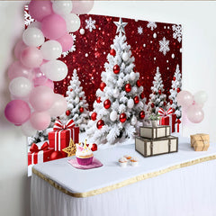 Lofaris White Christmas Tree and Snowflakes Red Glitter Christmas Backdrop, Festive Winter Wonderland Background for Holiday Party Decoration