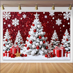 Lofaris White Christmas Tree and Snowflakes Red Glitter Christmas Backdrop, Festive Winter Wonderland Background for Holiday Party Decoration