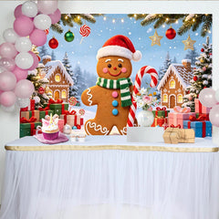 Lofaris Gingerbread Man Christmas Backdrop with Santa Hat and Candy Cane, Festive Winter Wonderland Background for Holiday Party Decor