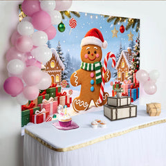 Lofaris Gingerbread Man Christmas Backdrop with Santa Hat and Candy Cane, Festive Winter Wonderland Background for Holiday Party Decor