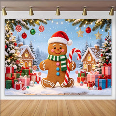 Lofaris Gingerbread Man Christmas Backdrop with Santa Hat and Candy Cane, Festive Winter Wonderland Background for Holiday Party Decor