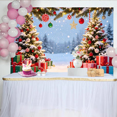 Lofaris Snowy Christmas Tree Backdrop with Gifts and Ornaments, Sparkling Winter Holiday Background for Studio Photography