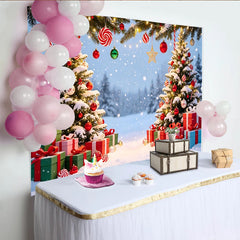 Lofaris Snowy Christmas Tree Backdrop with Gifts and Ornaments, Sparkling Winter Holiday Background for Studio Photography