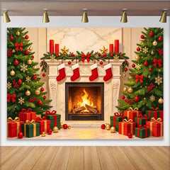Lofaris Cozy Christmas Backdrop with Fireplace, Decorated Trees and Hanging Stockings, Festive Holiday Party Decor for Photoshoot