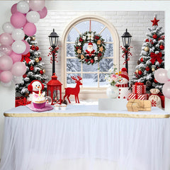 Lofaris Snowy Christmas Tree and Window Backdrop with Santa Wreath, Festive Snowman and Gift Background for Winter Holiday Decor