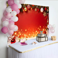 Lofaris Red Christmas Backdrop with Pine Branches, Ornaments, and Snowflakes, Festive Holiday Decor for Winter Party Photography