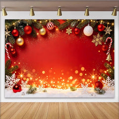 Lofaris Red Christmas Backdrop with Pine Branches, Ornaments, and Snowflakes, Festive Holiday Decor for Winter Party Photography