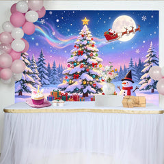 Lofaris Magical Snowy Christmas Backdrop with Decorated Tree and Santa Sleigh, Full Moon and Aurora, Festive Winter Holiday for Parties