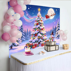 Lofaris Magical Snowy Christmas Backdrop with Decorated Tree and Santa Sleigh, Full Moon and Aurora, Festive Winter Holiday for Parties