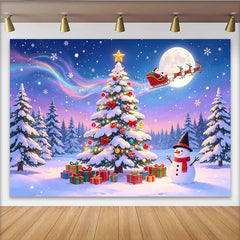 Lofaris Magical Snowy Christmas Backdrop with Decorated Tree and Santa Sleigh, Full Moon and Aurora, Festive Winter Holiday for Parties