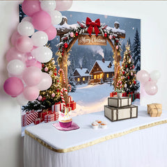 Lofaris Snowy Christmas Village Photography Backdrop with Decorated Trees and Presents, Festive Holiday Background for Winter Party Decor