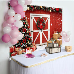 Lofaris Rustic Red Barn Christmas Backdrop with Snow and Decorated Tree, Festive Winter Holiday Background for Family Photoshoot