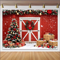 Lofaris Rustic Red Barn Christmas Backdrop with Snow and Decorated Tree, Festive Winter Holiday Background for Family Photoshoot