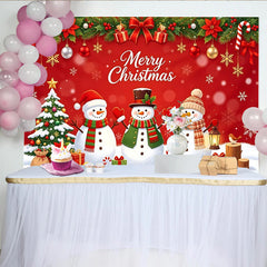 Lofaris Red Merry Christmas Backdrop with Snowmen and Christmas Tree, Winter Holiday Party Photography Background