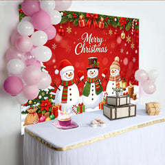 Lofaris Red Merry Christmas Backdrop with Snowmen and Christmas Tree, Winter Holiday Party Photography Background