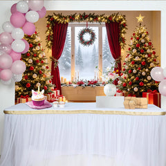 Lofaris Christmas Tree Backdrop with Red Ornaments and Glowing Lights, Snowy Window Scene, Holiday Photography Background for Winter Decor