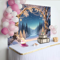Lofaris Snowy Christmas Winter Wonderland Backdrop with Twinkling Lights and Snowflakes, Festive Forest Background for Holiday Party Decor