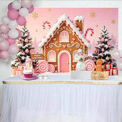 Lofaris Pink Gingerbread House Christmas Backdrop with Snowman and Candy Canes, Festive Winter Holiday Photography Background Decor