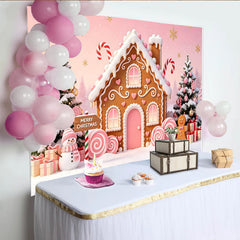Lofaris Pink Gingerbread House Christmas Backdrop with Snowman and Candy Canes, Festive Winter Holiday Photography Background Decor