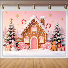 Lofaris Pink Gingerbread House Christmas Backdrop with Snowman and Candy Canes, Festive Winter Holiday Photography Background Decor