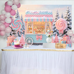 Lofaris Pastel Candy Cart Christmas Backdrop with Snowy Winter Scene, Festive Sweet Shop Background for Holiday Party Decor