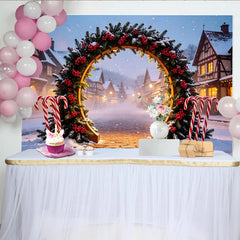 Lofaris Snowy Christmas Arch Backdrop with Candy Canes and Winter Village, Festive Holiday Decor for Photo Booth and Winter Party