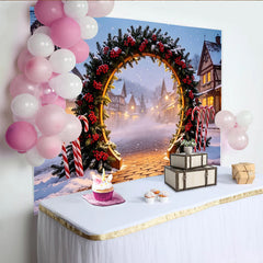 Lofaris Snowy Christmas Arch Backdrop with Candy Canes and Winter Village, Festive Holiday Decor for Photo Booth and Winter Party