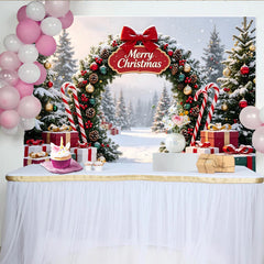 Lofaris Snowy Christmas Arch Backdrop with Pine Trees, Gifts and Candy Canes, Festive Holiday Background for Winter Party Decor