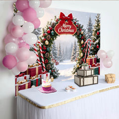 Lofaris Snowy Christmas Arch Backdrop with Pine Trees, Gifts and Candy Canes, Festive Holiday Background for Winter Party Decor