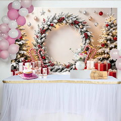 Lofaris Snowy Christmas Wreath Backdrop with Gifts and Candy Canes, Festive Winter Holiday Photography Background for Party Decor