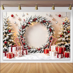 Lofaris Snowy Christmas Wreath Backdrop with Gifts and Candy Canes, Festive Winter Holiday Photography Background for Party Decor