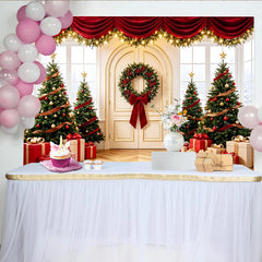 Lofaris Festive Christmas Tree Photography Backdrop with Red Drapes and Gifts, Elegant Holiday Background for Winter Decor
