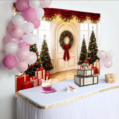 Lofaris Festive Christmas Tree Photography Backdrop with Red Drapes and Gifts, Elegant Holiday Background for Winter Decor