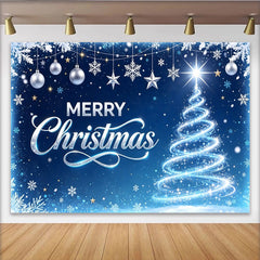 Lofaris Blue Merry Christmas Holiday Backdrop with Glowing Tree and Snowflakes, Festive Winter Background for Party Decor