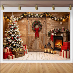 Lofaris Rustic Christmas Tree and Fireplace Holiday Backdrop, Cozy Winter Scene Background for Festive Photoshoot and Party Decor.