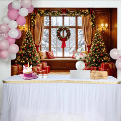Lofaris Cozy Christmas Window Backdrop with Decorated Trees and Gifts, Festive Holiday Background for Winter Photoshoot and Family Decor