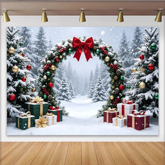 Lofaris Snowy Winter Christmas Arch Backdrop with Red Bow and Gifts, Festive Holiday Background for Family Photoshoot and Party Decor