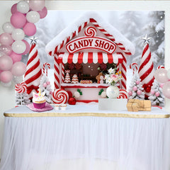 Lofaris Sweet Candy Shop Christmas Backdrop with Snow and Candy Canes, Festive Winter Wonderland Background for Holiday Party Decor