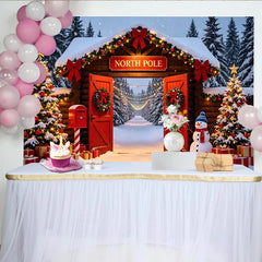 Lofaris Snowy North Pole Christmas Backdrop with Log Cabin Entrance, Decorated Trees and Gifts, Winter Wonderland Background for Holiday Party
