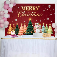 Lofaris Merry Christmas Backdrop with Colorful Stylized Trees and Snowflakes, Festive Holiday Background for Winter Celebration