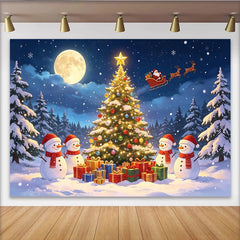 Lofaris Magical Snowy Christmas Tree Backdrop with Santa and Reindeer, Festive Winter Wonderland Background for Holiday Party Decor