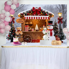 Lofaris Christmas Hot Cocoa Stand Backdrop with Snowman and Festive Decor, Charming Winter Holiday Scene for Family Photos and Party