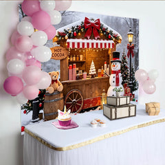 Lofaris Christmas Hot Cocoa Stand Backdrop with Snowman and Festive Decor, Charming Winter Holiday Scene for Family Photos and Party