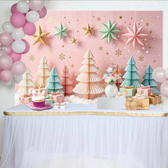 Lofaris Pink Pastel Christmas Backdrop with Paper Trees and Hanging Stars, Elegant Winter Holiday Background for Photoshoot