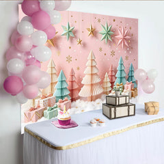Lofaris Pink Pastel Christmas Backdrop with Paper Trees and Hanging Stars, Elegant Winter Holiday Background for Photoshoot