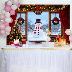 Lofaris Cozy Christmas Window Backdrop with Snowman and Decorated Tree, Festive Winter Scene Background for Holiday Photography