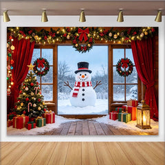 Lofaris Cozy Christmas Window Backdrop with Snowman and Decorated Tree, Festive Winter Scene Background for Holiday Photography