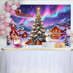 Lofaris Vibrant Aurora Christmas Backdrop with Santa and Reindeer Sleigh, Festive Winter Village Background for Holiday Party Decor