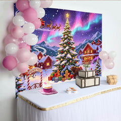 Lofaris Vibrant Aurora Christmas Backdrop with Santa and Reindeer Sleigh, Festive Winter Village Background for Holiday Party Decor