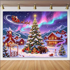 Lofaris Vibrant Aurora Christmas Backdrop with Santa and Reindeer Sleigh, Festive Winter Village Background for Holiday Party Decor